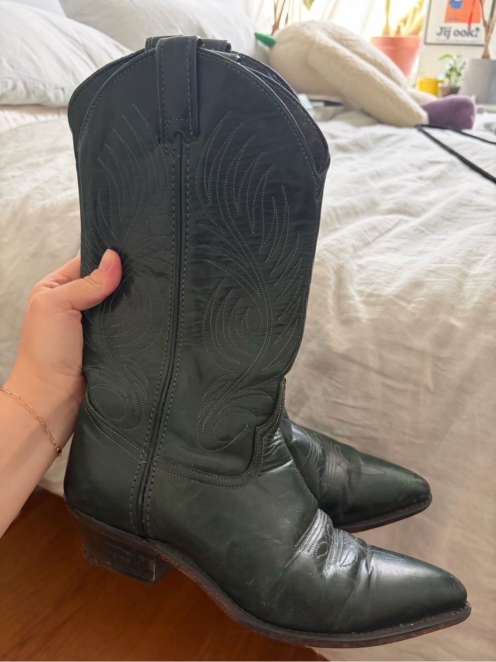Vintage Dark Green Leather Cowboy Boots